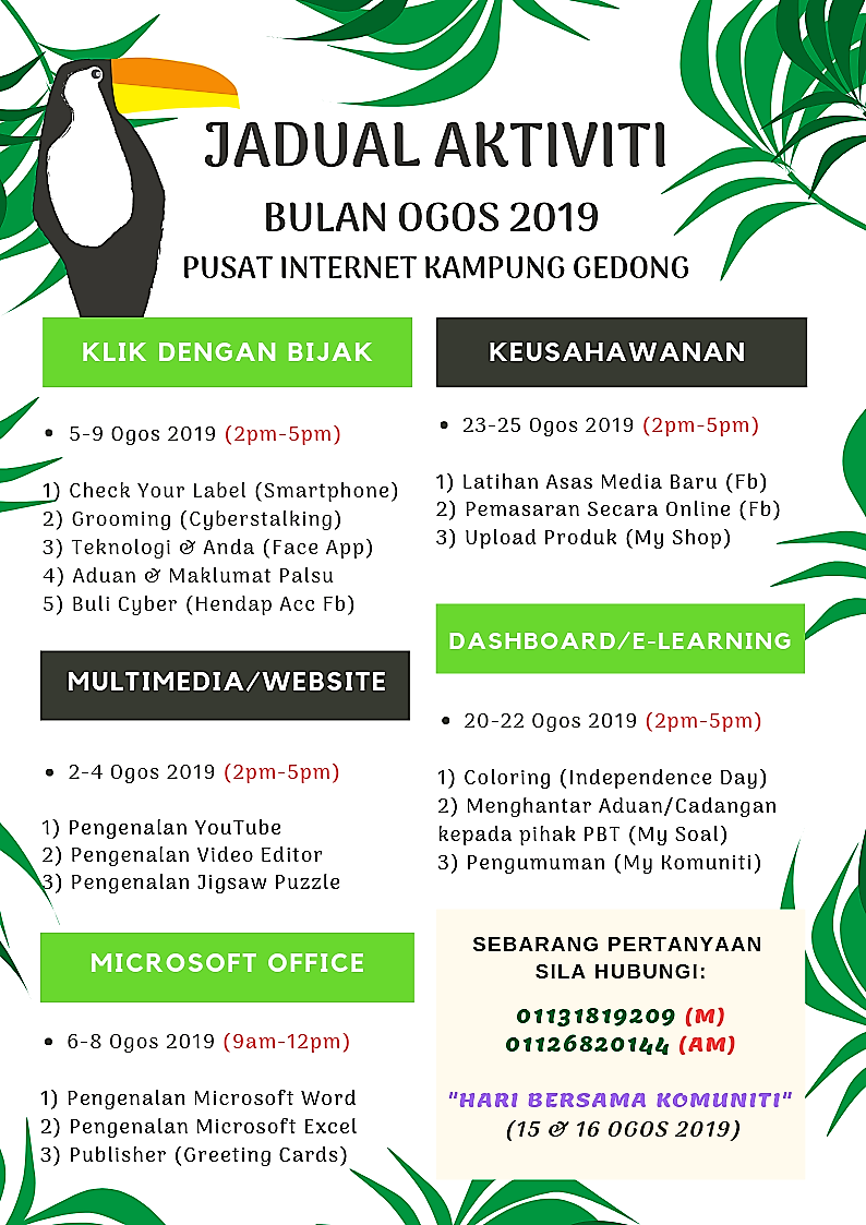 jadual aktiviti bulan ogos 2019 pi kampung gedong 1